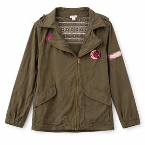 Y2K Camo Green Light Utility Jacket Lace Back Patches Size XS Xhilaration Womens